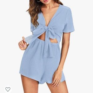 Cut out tie front romper- blue and white stripped